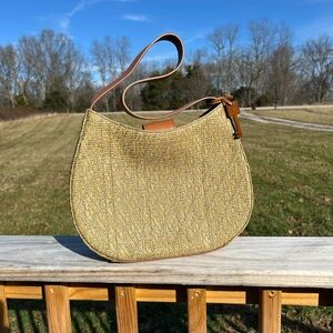 FOSSIL Vintage Woven Basket‎ Weave Single Strap Rich Green Beige Purse Bag Charm